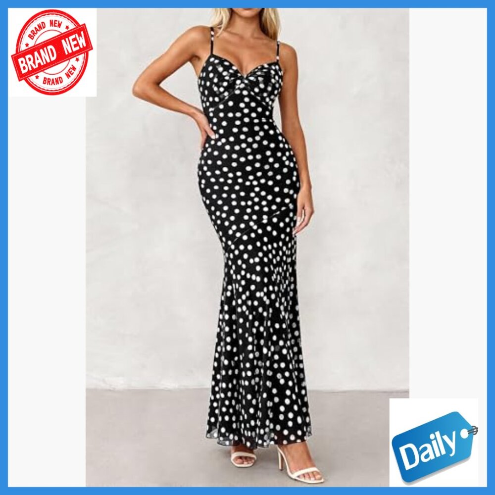 Maxi Dress with Spaghetti Straps Twist Knot Front Mermaid Hem Summer Casual - Picture 2 of 7